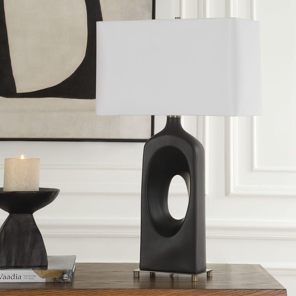 Uttermost Void Matte Black Glazed Table Lamp With Crisp White Linen Shade - Image 2