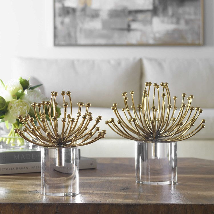Uttermost Aga Modern Brushed Gold and Crystal Set of 2 Sculptures - Image 1
