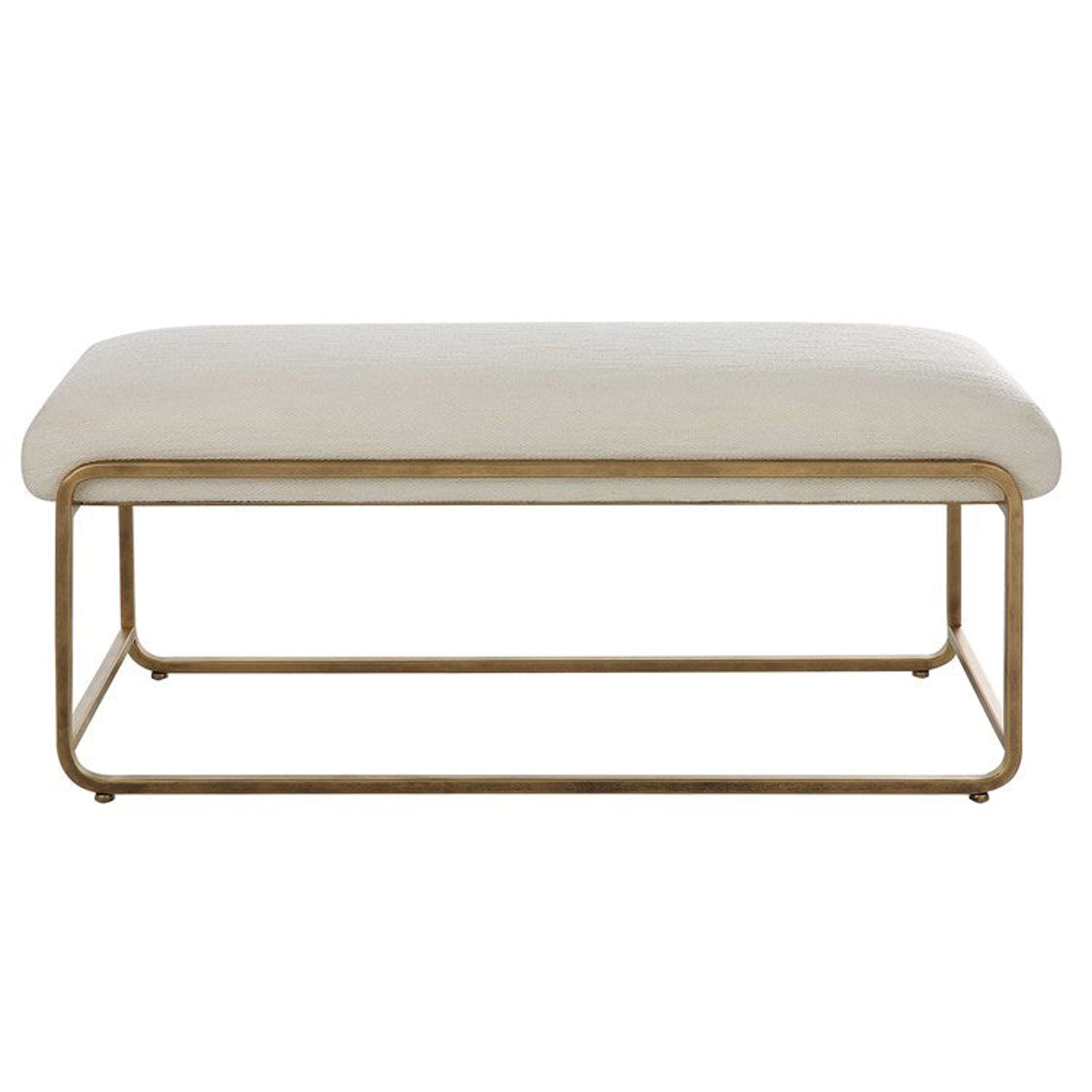 Casa Bella Living Crisp White Fabric With Antiqued Brushed Brass Metal Modern Bench - Image 2