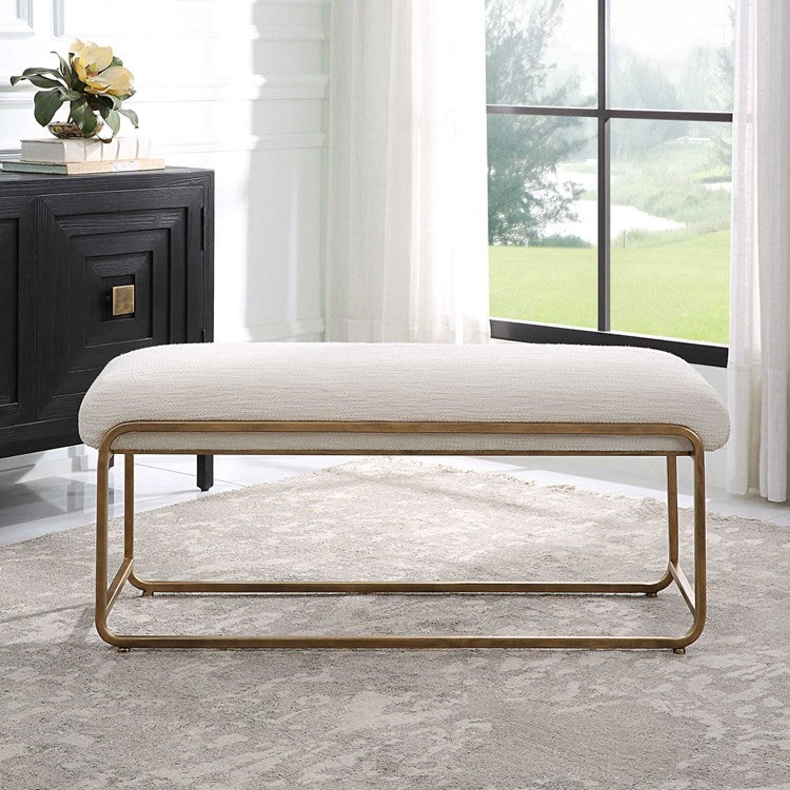 Casa Bella Living Crisp White Fabric With Antiqued Brushed Brass Metal Modern Bench