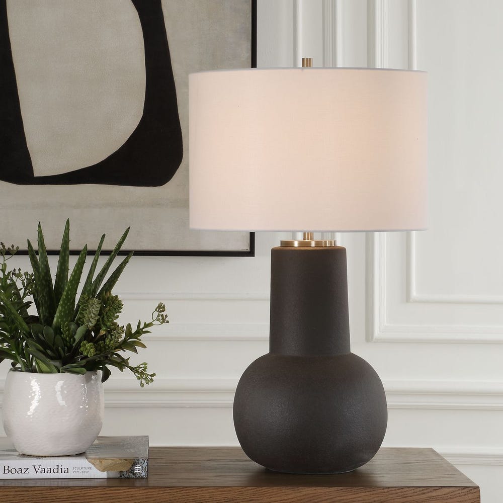 Uttermost Robson Rustic Bronze Glaze Table Lamp With Crisp White Linen Shade - Image 1