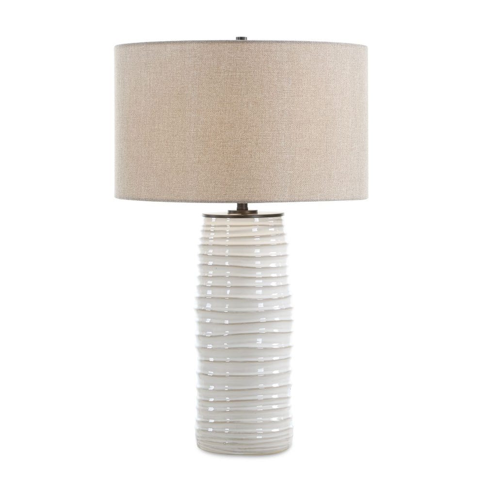 Uttermost Barat Distressed White Table Lamp With Dark Beige Linen Shade - Image 3