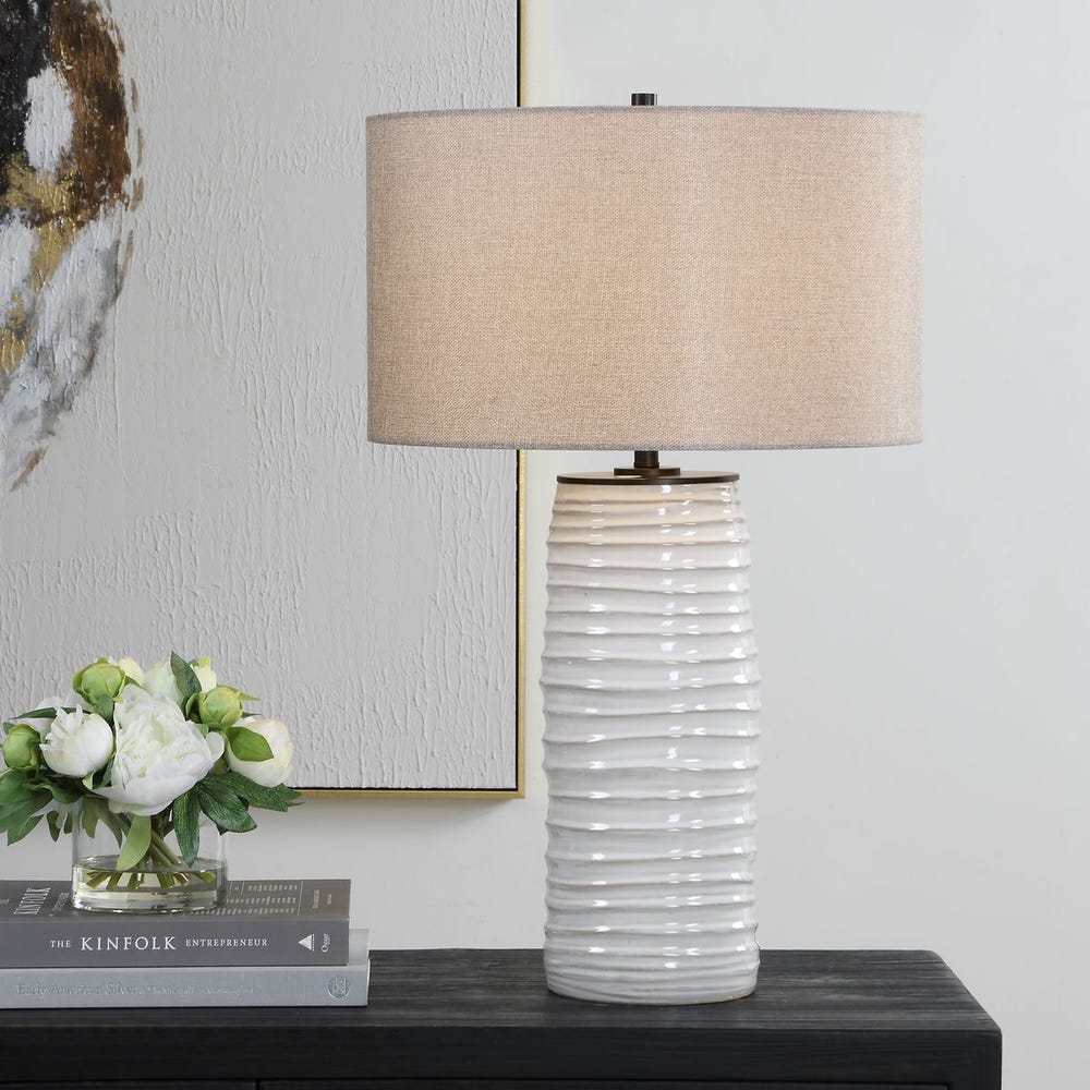 Uttermost Barat Distressed White Table Lamp With Dark Beige Linen Shade - Image 1