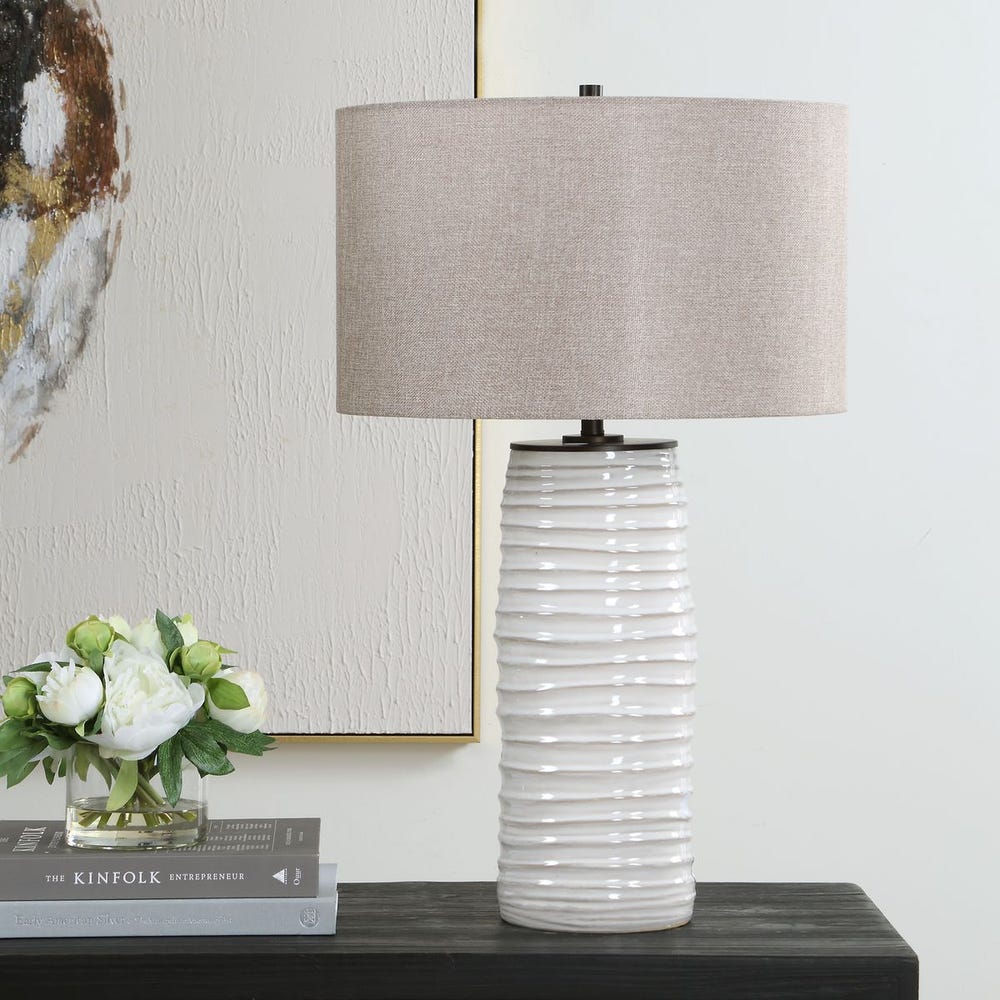 Uttermost Barat Distressed White Table Lamp With Dark Beige Linen Shade - Image 2