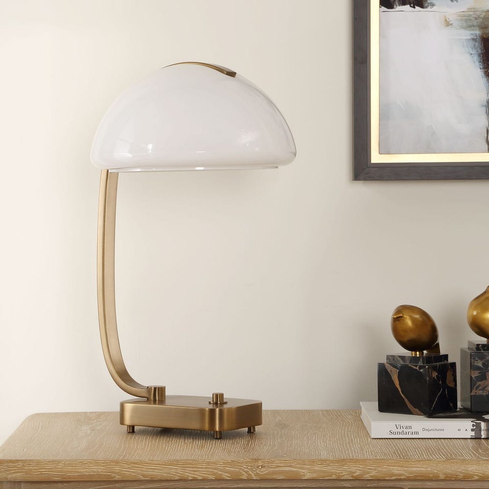 Uttermost Bend The Rules Antique Brass Desk Lamp With White Glass Shade - Image 2