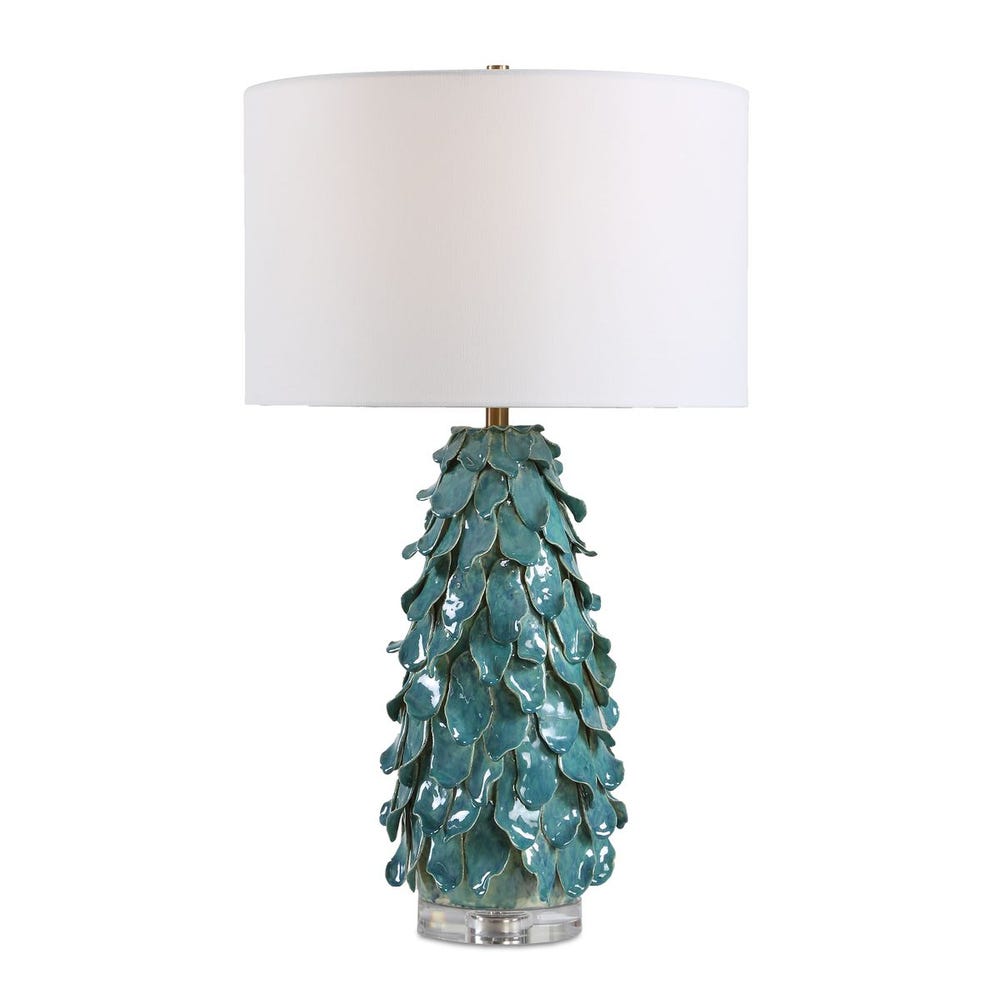 Uttermost Mina Aged Teal Blue Table Lamp With Crisp White Linen Shade - Image 3