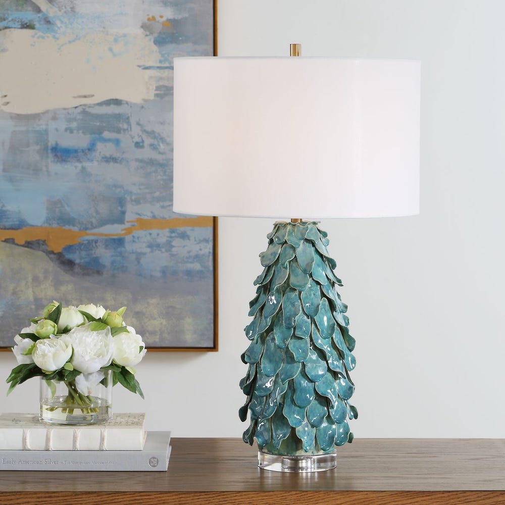 Uttermost Mina Aged Teal Blue Table Lamp With Crisp White Linen Shade - Image 1