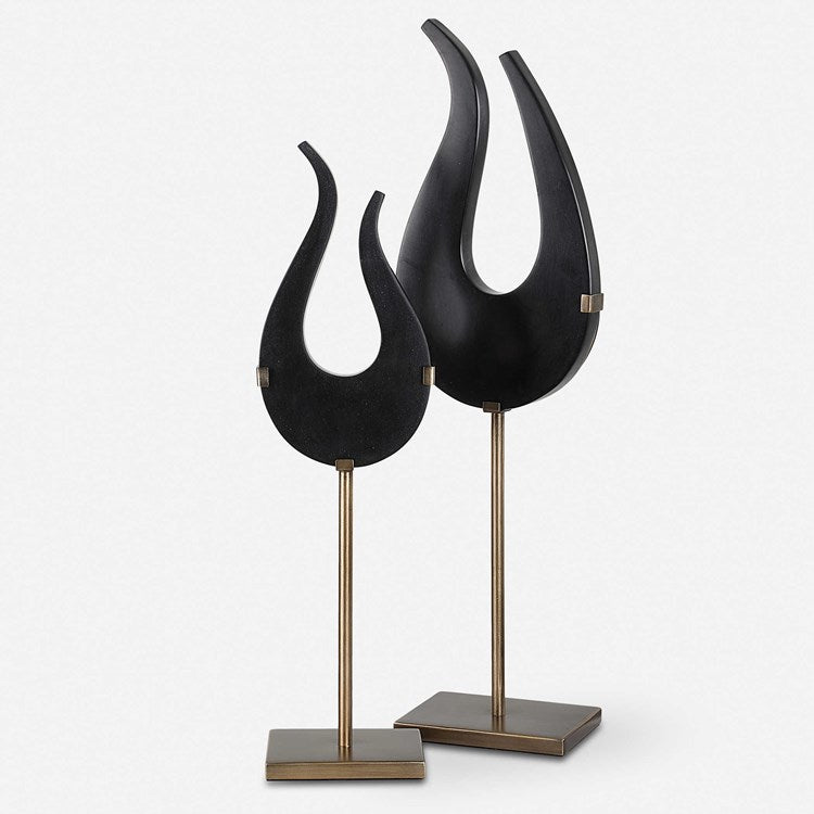 Uttermost Black Flame Stone and Brushed Brass Sculpture - Image 2