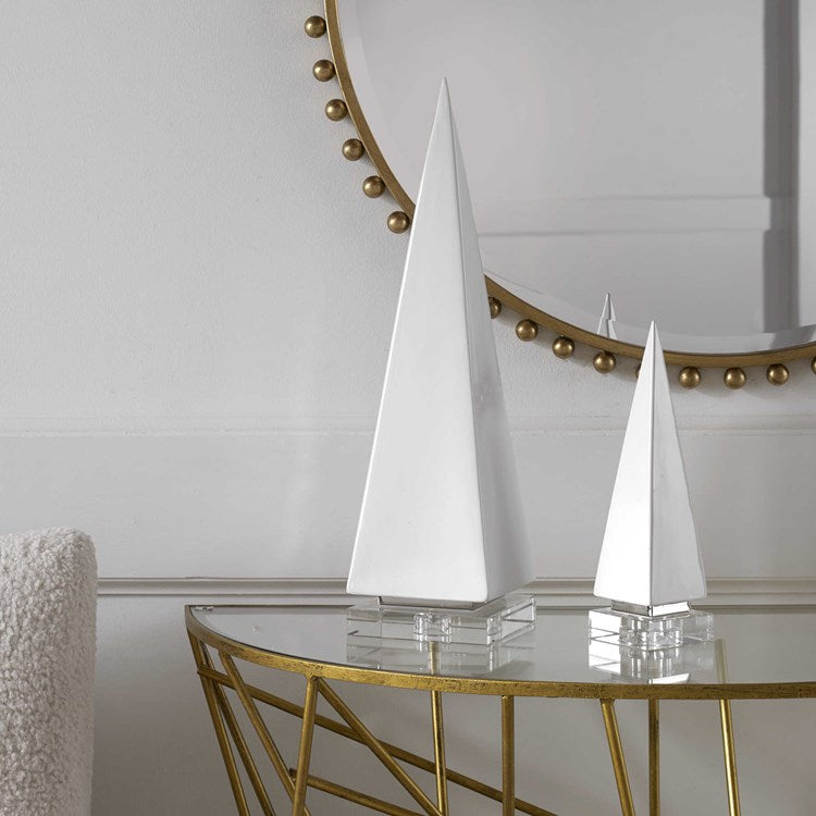 Uttermost Great Pyramids Chalk White Ceramic and Crystal Set of 2 Sculptures - Image 1