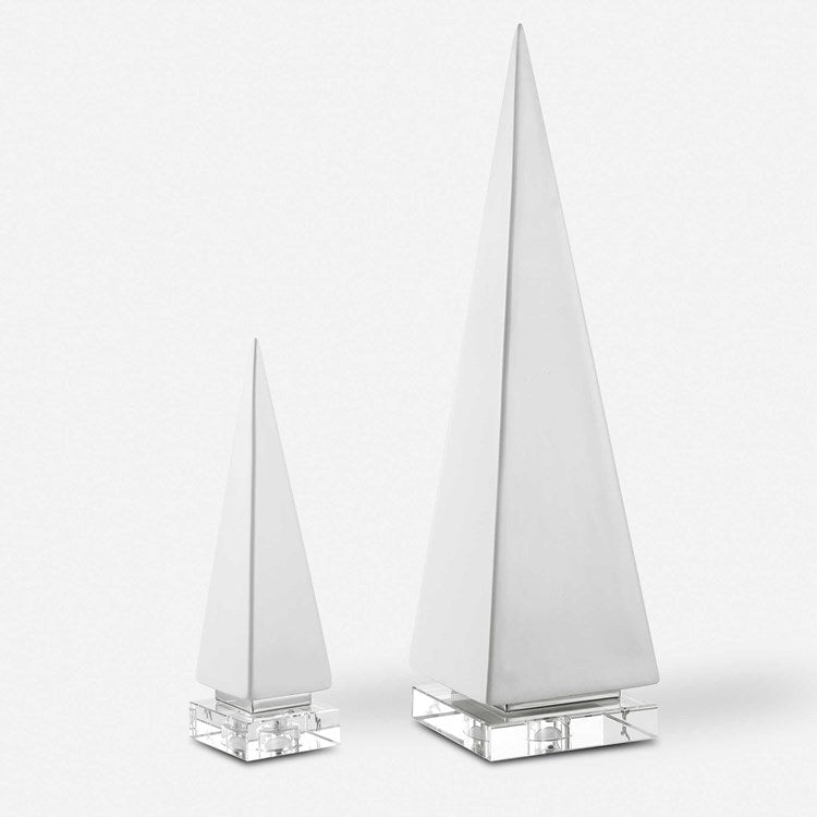 Uttermost Great Pyramids Chalk White Ceramic and Crystal Set of 2 Sculptures - Image 2