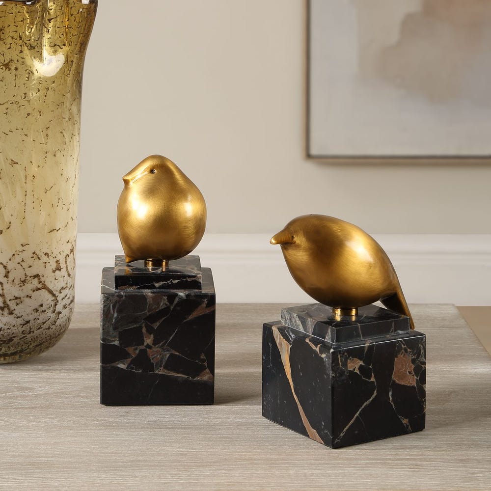 Uttermost Golden Finch With Black Marble Base ~ Set Of 2 - Image 1