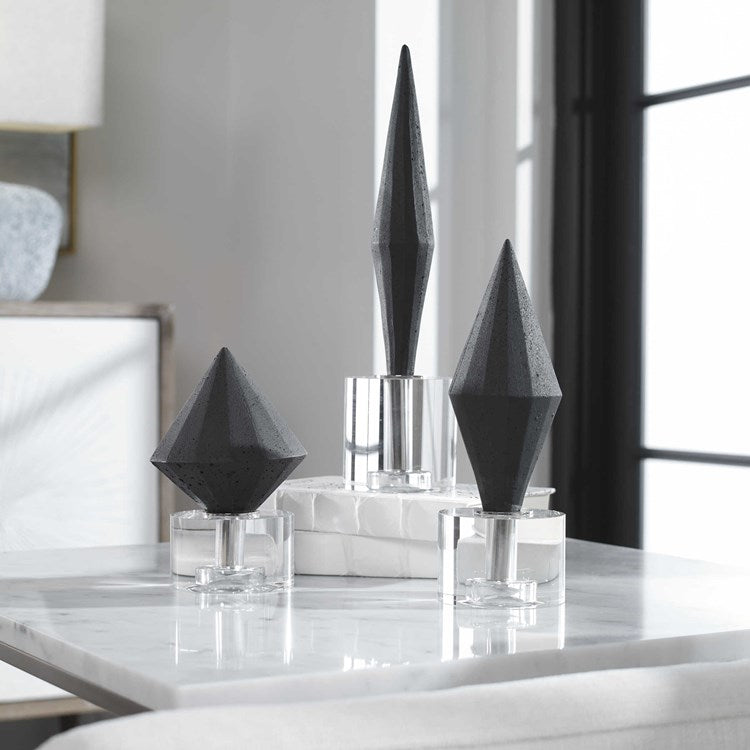 Uttermost Alize Black Stone and Crystal Set of 3 Sculptural Objects - Image 1