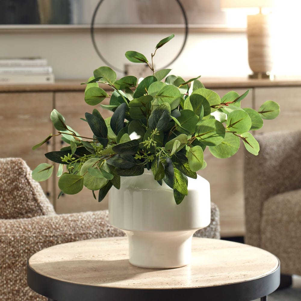 Uttermost Essence Eucalyptus Accent Potted In a Sculpted Gloss White Vase - Image 1