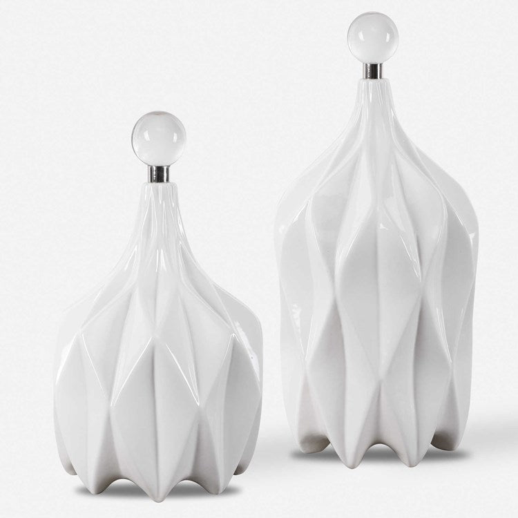 Uttermost Klara Glossy White Ceramic Modern Set of 2 Decorative Bottles With Crystal Finials - Image 3