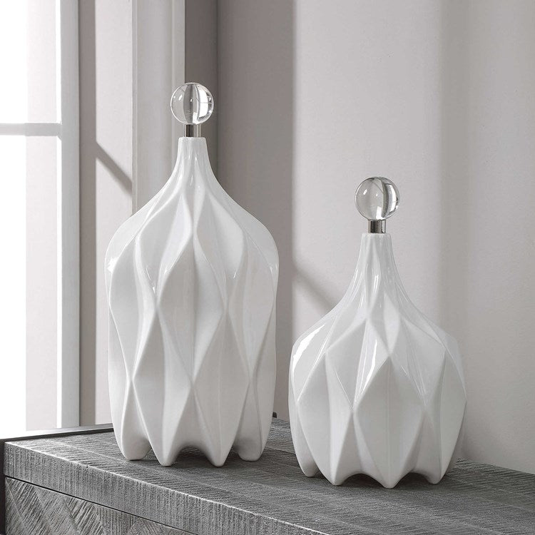 Uttermost Klara Glossy White Ceramic Modern Set of 2 Decorative Bottles With Crystal Finials - Image 1