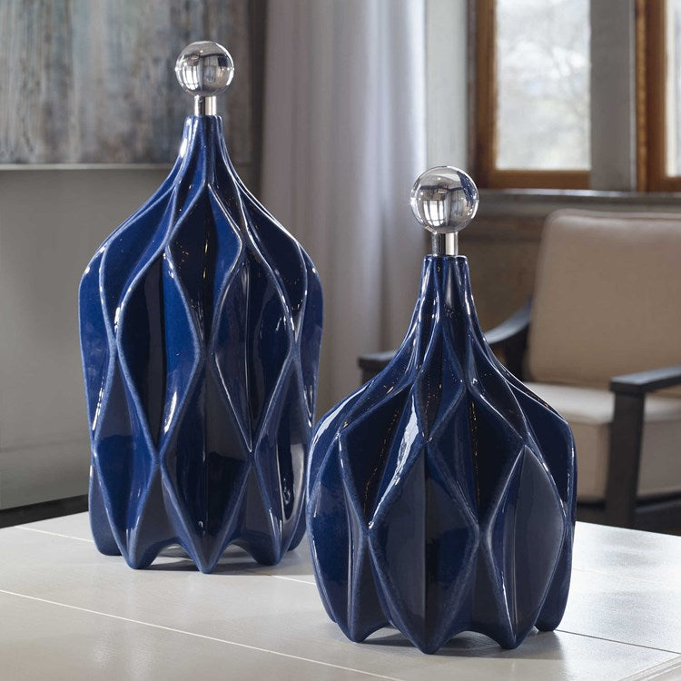 Uttermost Klara Glossy Cobalt Blue Ceramic Modern Set of 2 Decorative Bottles With Crystal Finials - Image 1