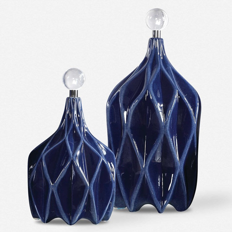 Uttermost Klara Glossy Cobalt Blue Ceramic Modern Set of 2 Decorative Bottles With Crystal Finials - Image 2