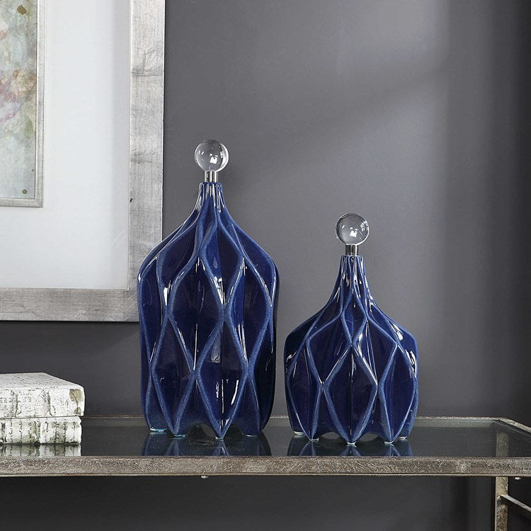 Uttermost Klara Glossy Cobalt Blue Ceramic Modern Set of 2 Decorative Bottles With Crystal Finials - Image 3