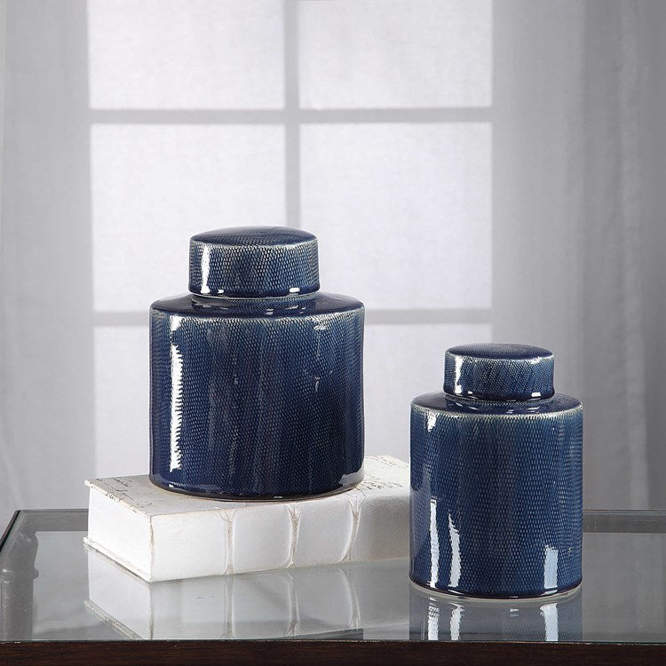 Uttermost Saniya Sapphire Blue Ceramic Set of 2 Decorative Containers - Image 3