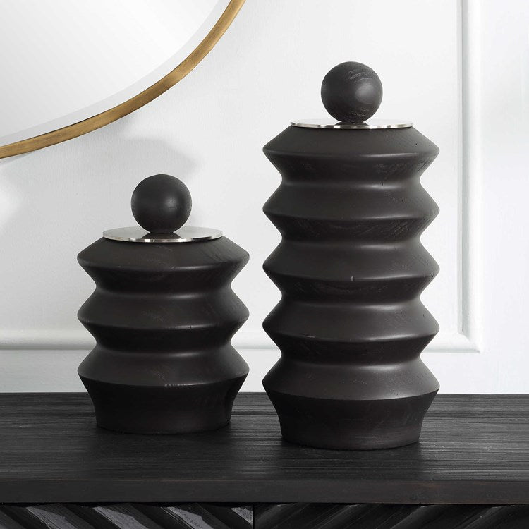 Uttermost Accordion Black Stained Wood with Brushed Nickel Lids Set of 2 Decorative Containers - Image 1