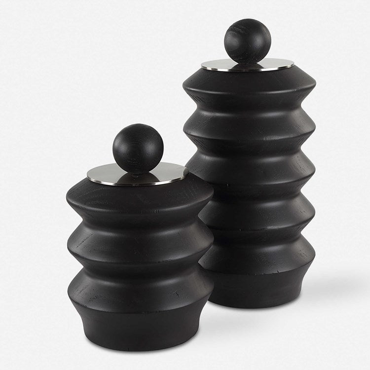 Uttermost Accordion Black Stained Wood with Brushed Nickel Lids Set of 2 Decorative Containers - Image 2
