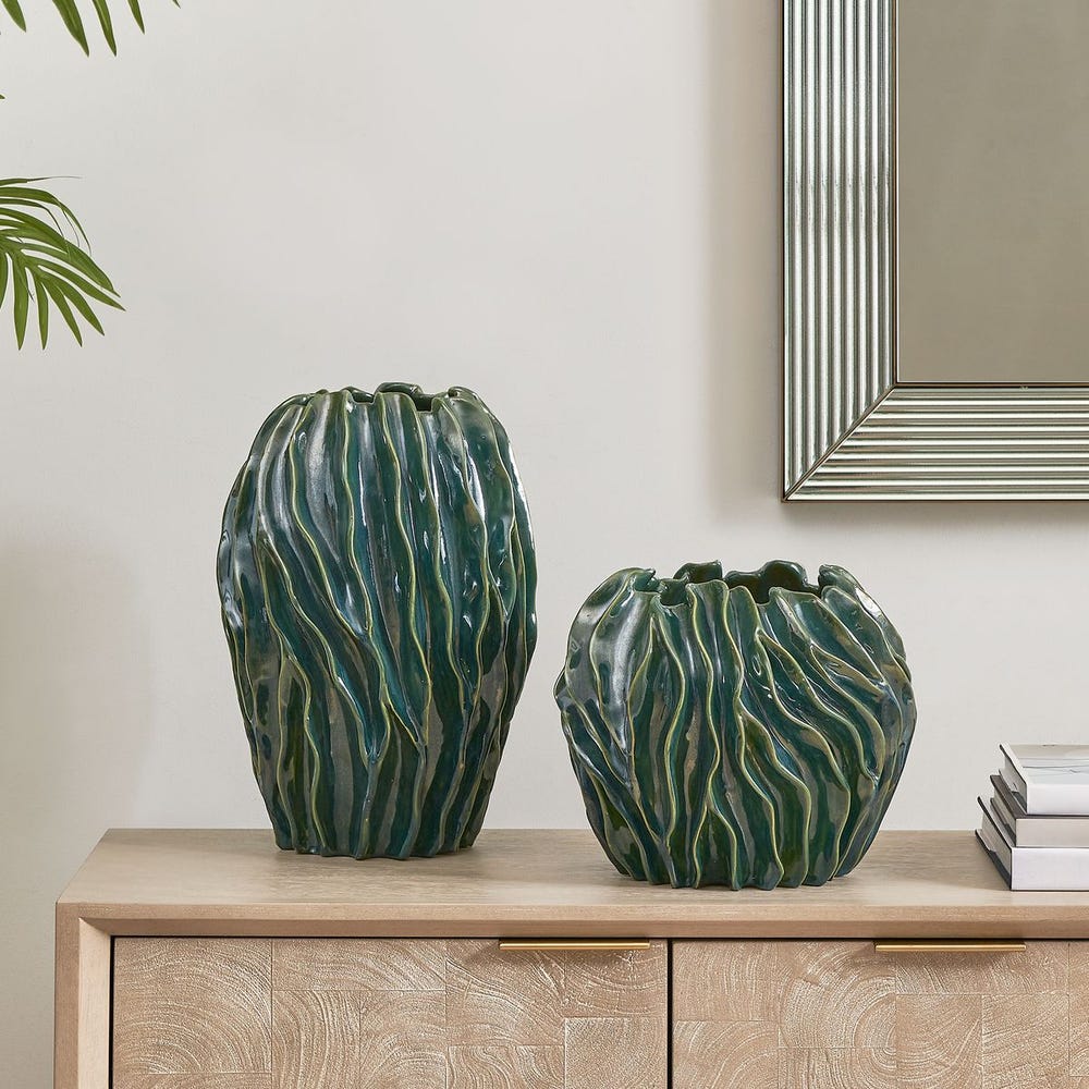 Uttermost Veridian Rich Green Ridge Vases ~ Set Of 2 ~ Indoor And Outdoor Use - Image 1