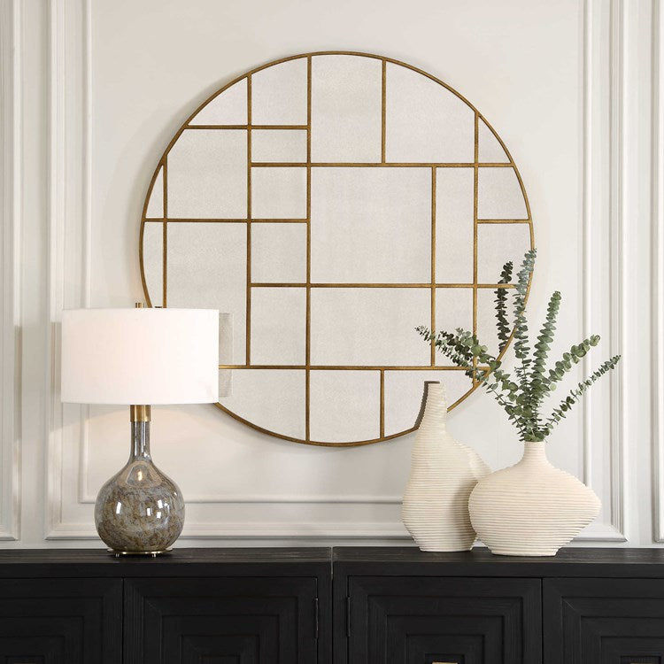 Uttermost Geometric Grid Antiqued Gold Round Mirror - Image 1