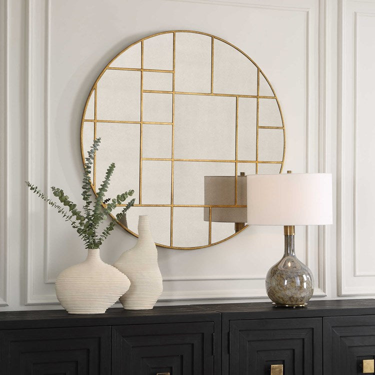 Uttermost Geometric Grid Antiqued Gold Round Mirror - Image 3