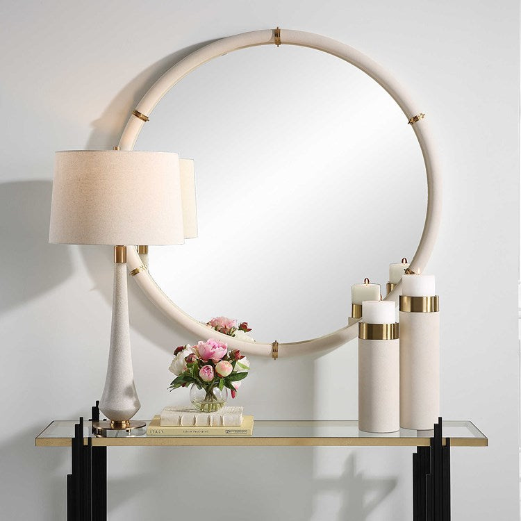 Uttermost Cyprus White Faux Shagreen Leather Wrapped Round Mirror - Image 1