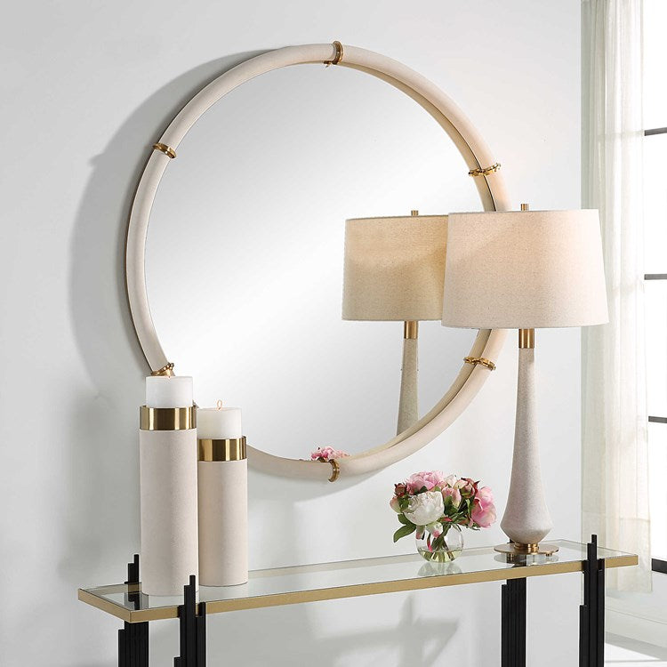 Uttermost Cyprus White Faux Shagreen Leather Wrapped Round Mirror - Image 3