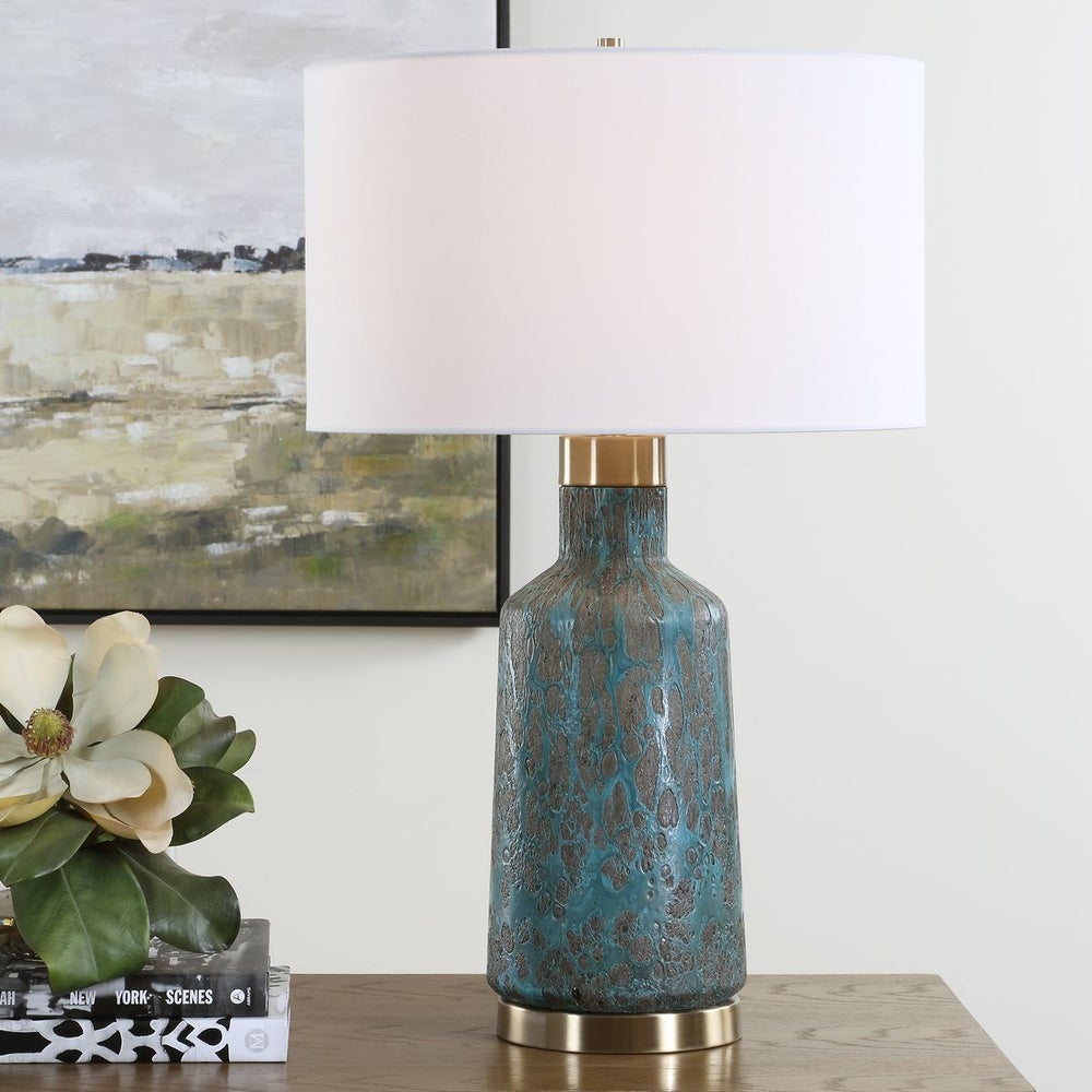 Uttermost Dauphine Deep Teal Glazed Table Lamp With White Linen Shade - Image 1