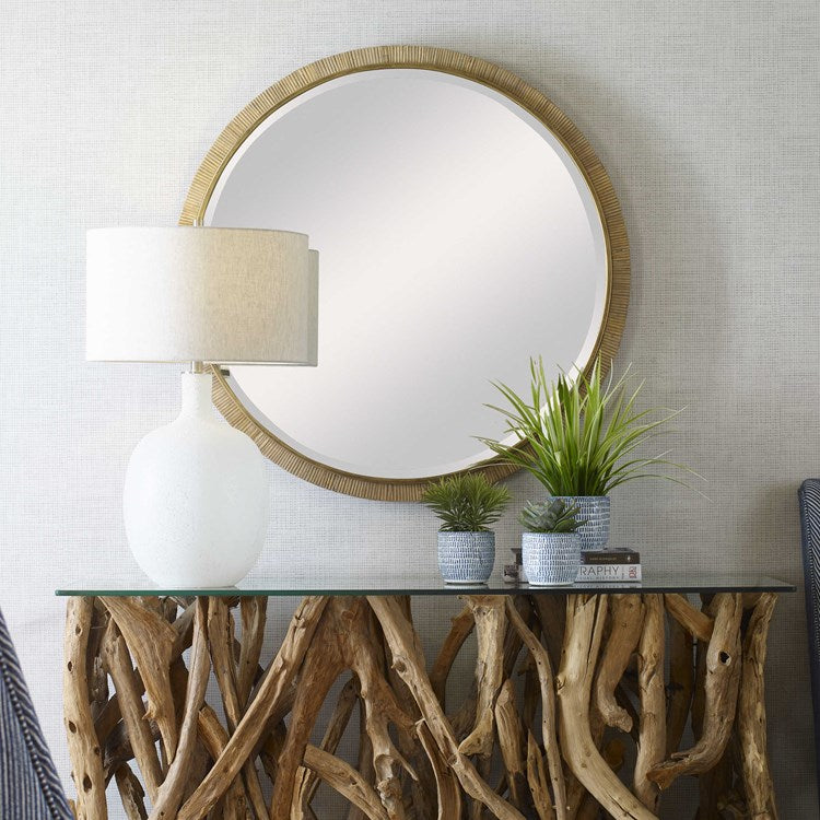 Uttermost Paradise Rattan Wrapped Antiqued Gold Iron Round Mirror - Image 1