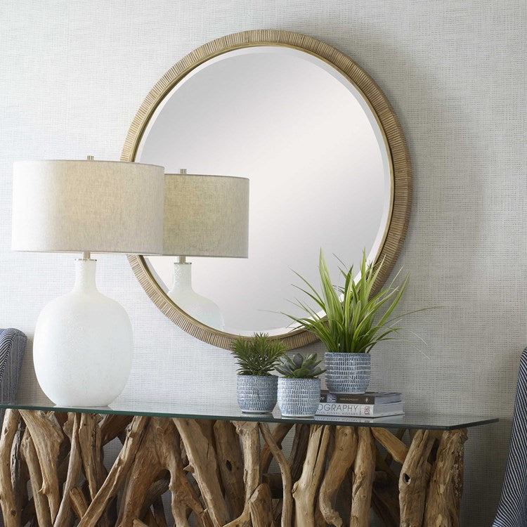 Uttermost Paradise Rattan Wrapped Antiqued Gold Iron Round Mirror - Image 3