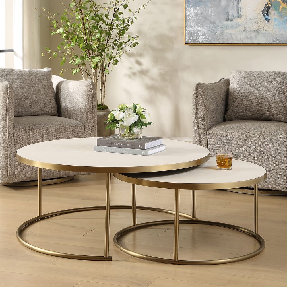 Uttermost Aragon White Shagreen Top with Brass Base Set of 2 Modern Round Nesting Coffee Tables - Image 1