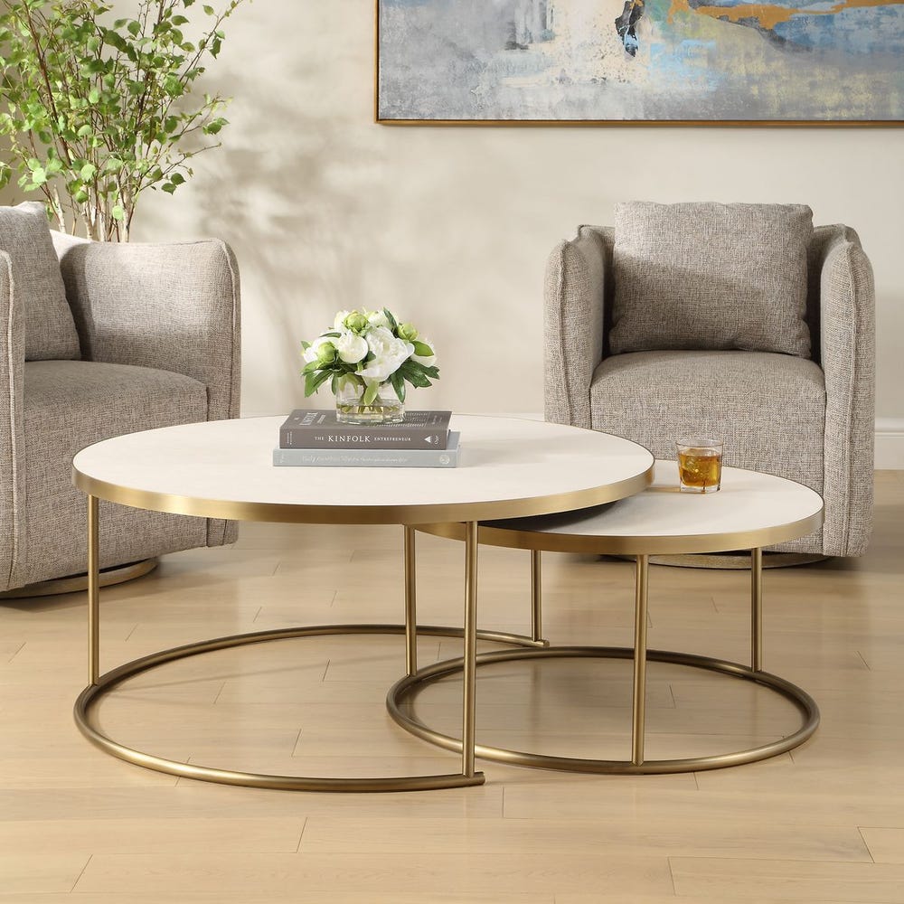 Uttermost Aragon White Shagreen Top with Brass Base Set of 2 Modern Round Nesting Coffee Tables - Image 3