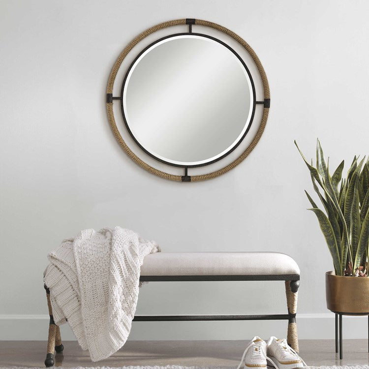 Uttermost Melville Natural Rope and Rust Black Iron Round Mirror - Image 1