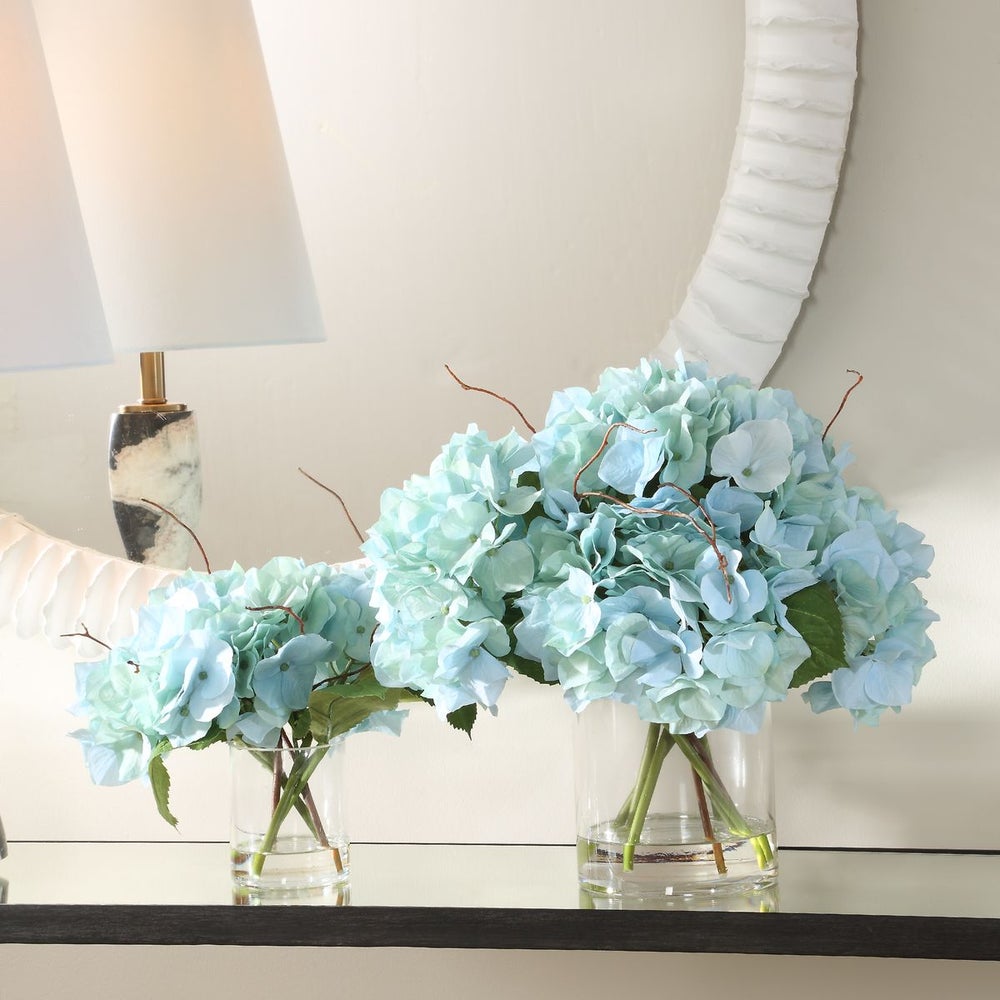 Uttermost Tranquil Blue Hydrangea  Set Of 2 BloomsIn Glass Vases - Image 1