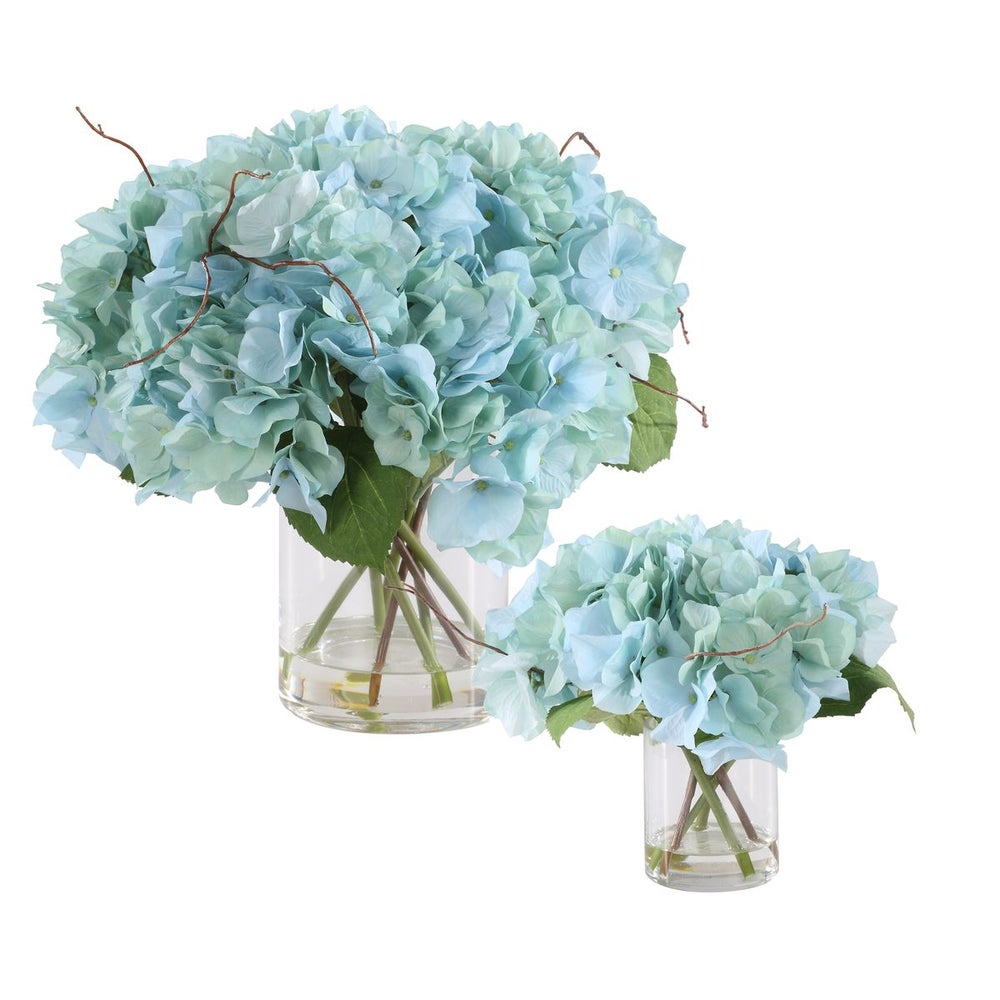 Uttermost Tranquil Blue Hydrangea  Set Of 2 BloomsIn Glass Vases - Image 3