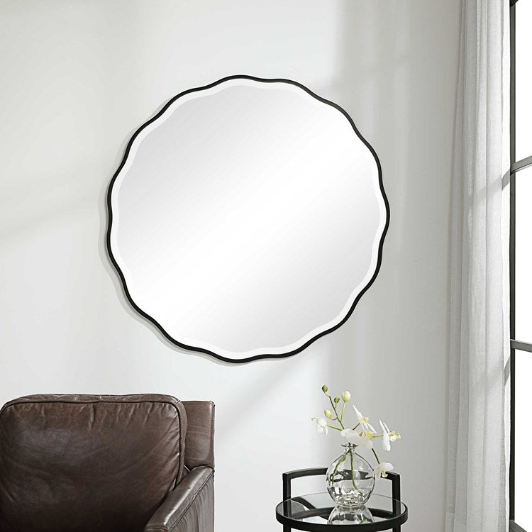 Uttermost Aneta Satin Black Wood Scalloped Round Mirror - Image 1