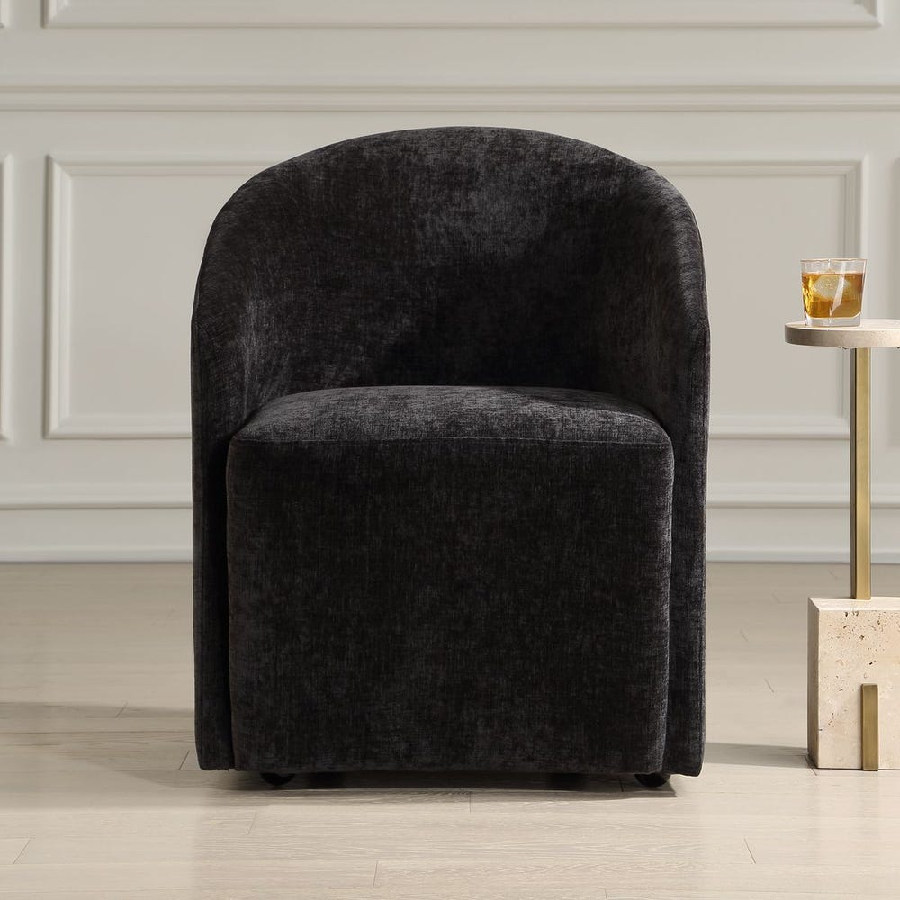 Uttermost Harbor Charcoal Black Velvet Barrel Back Dining Chair with Rolling Casters - Image 1