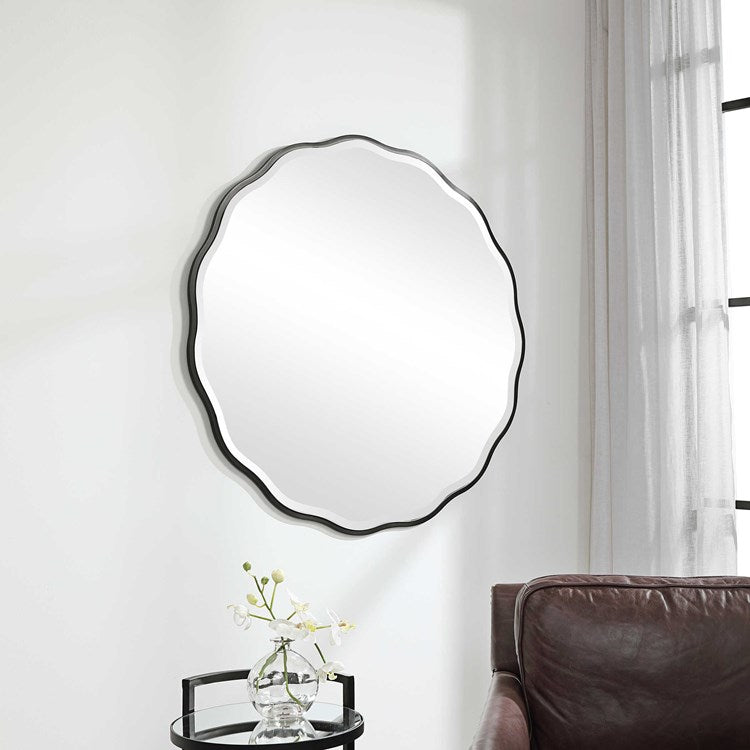 Uttermost Aneta Satin Black Wood Scalloped Round Mirror - Image 3