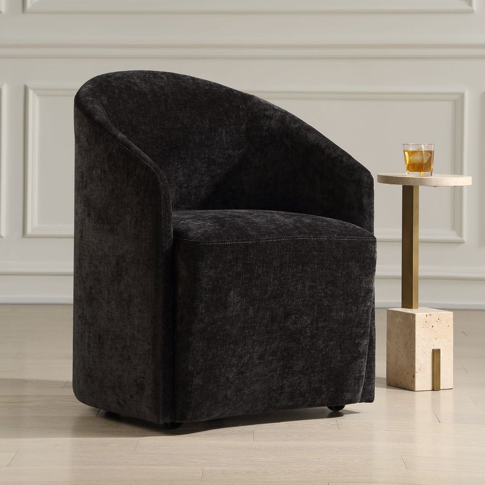 Uttermost Harbor Charcoal Black Velvet Barrel Back Dining Chair with Rolling Casters - Image 2
