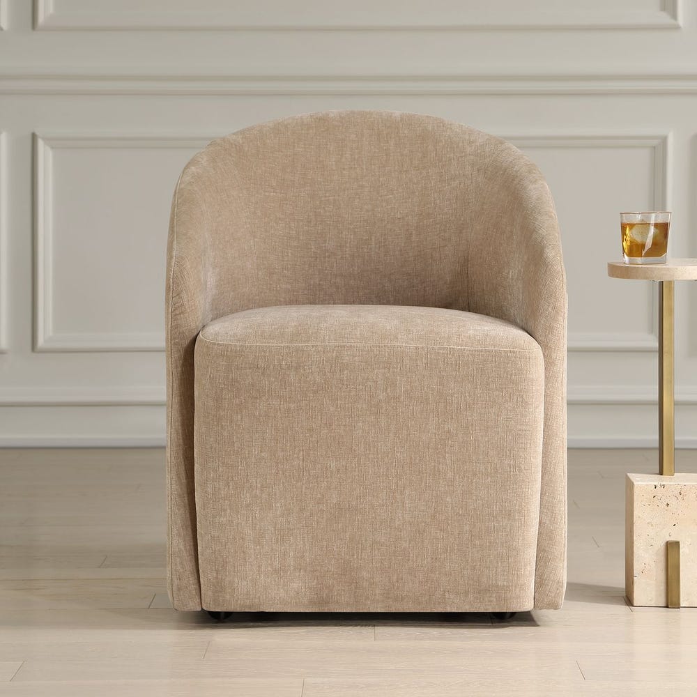 Uttermost Harbor Flax Velvet Barrel Back Dining Chair with Rolling Casters - Image 1