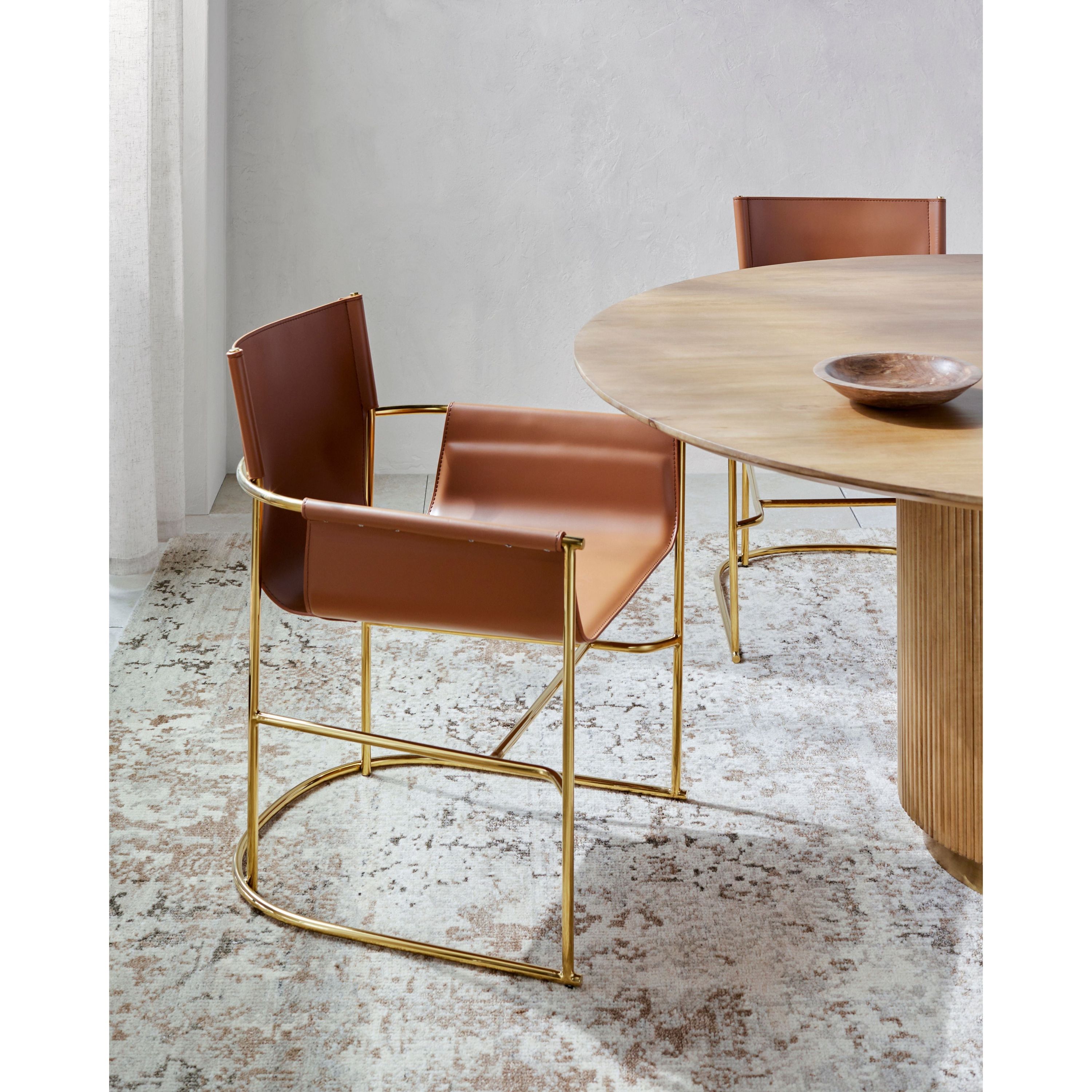Surya Kara Modern Cognac Faux Leather with Brass Steel Dining Armchair - Image 2
