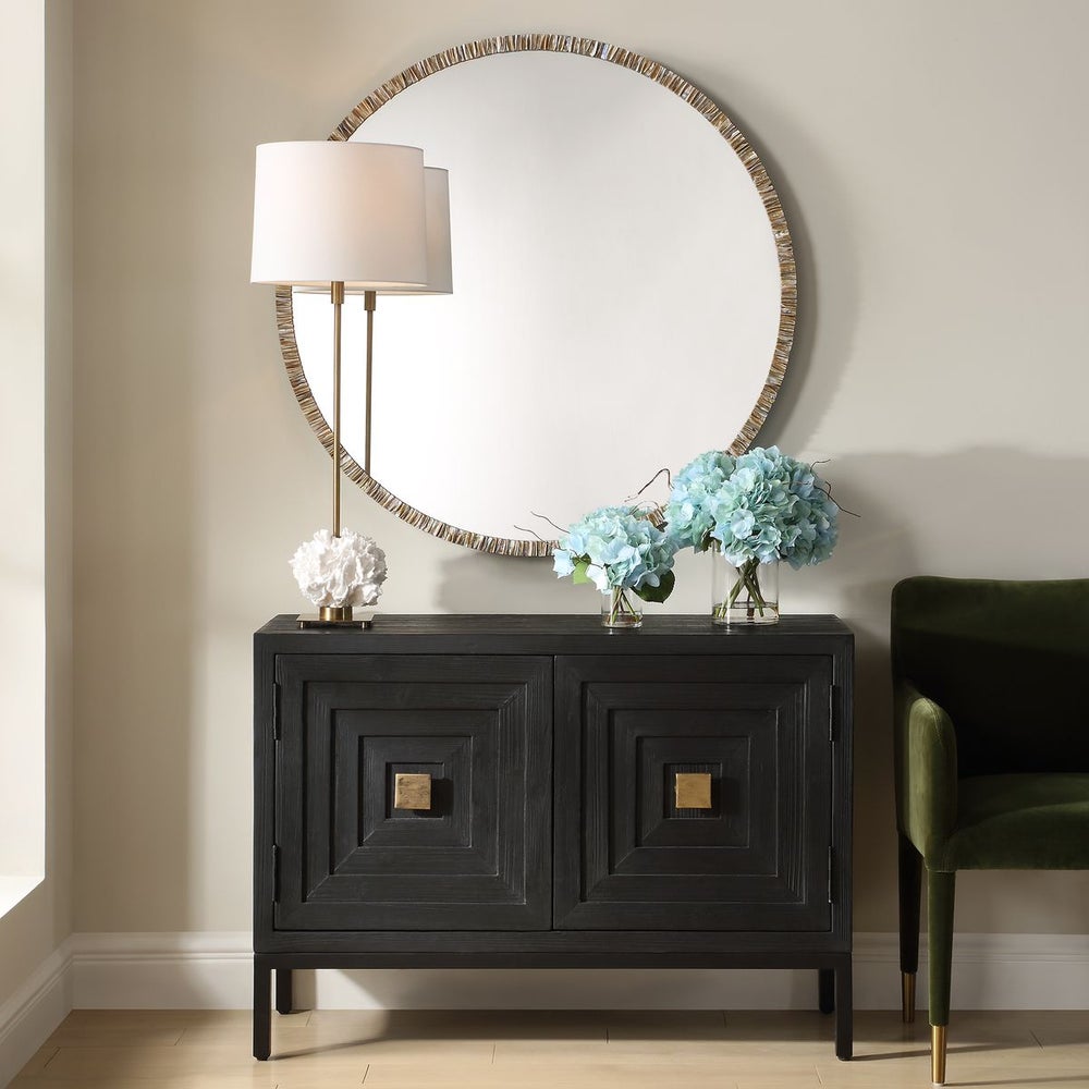 Uttermost Odeon Ridged Capriz Shell Inlay Round Mirror with Bronze Iron - Image 1