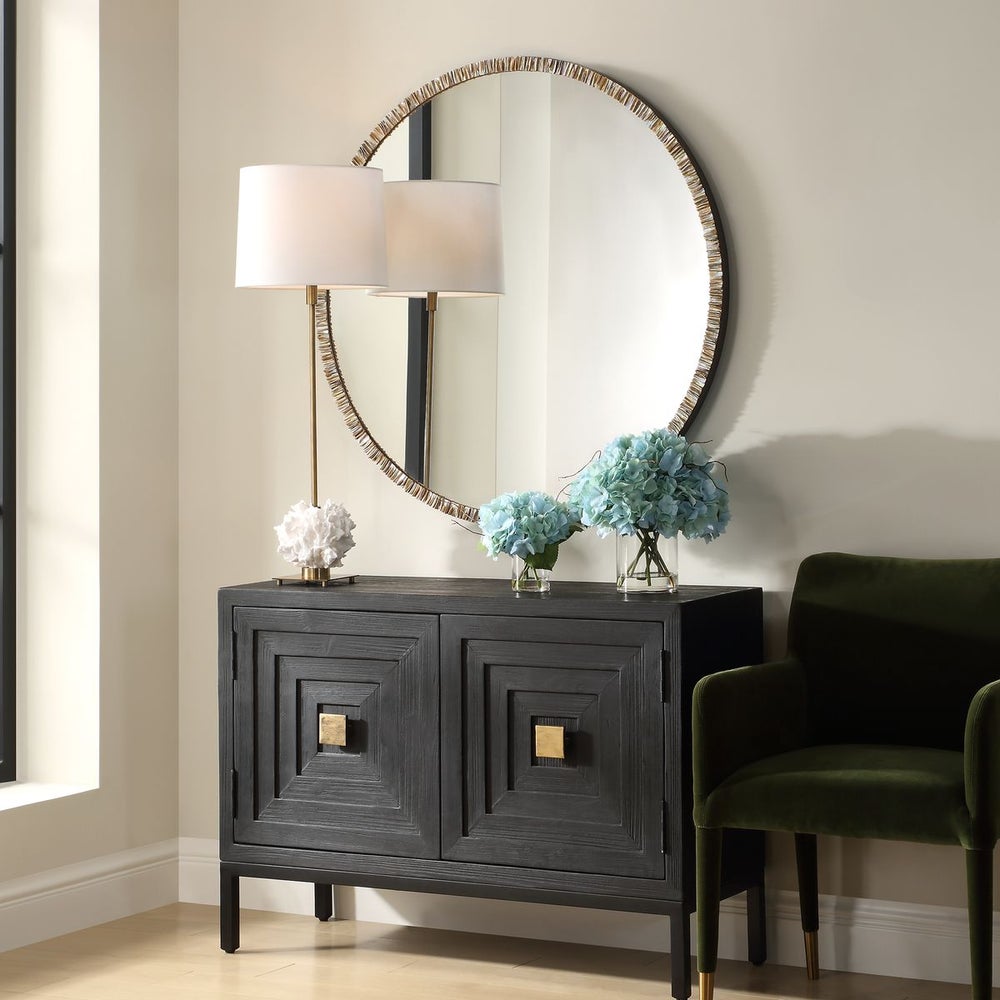 Uttermost Odeon Ridged Capriz Shell Inlay Round Mirror with Bronze Iron - Image 2