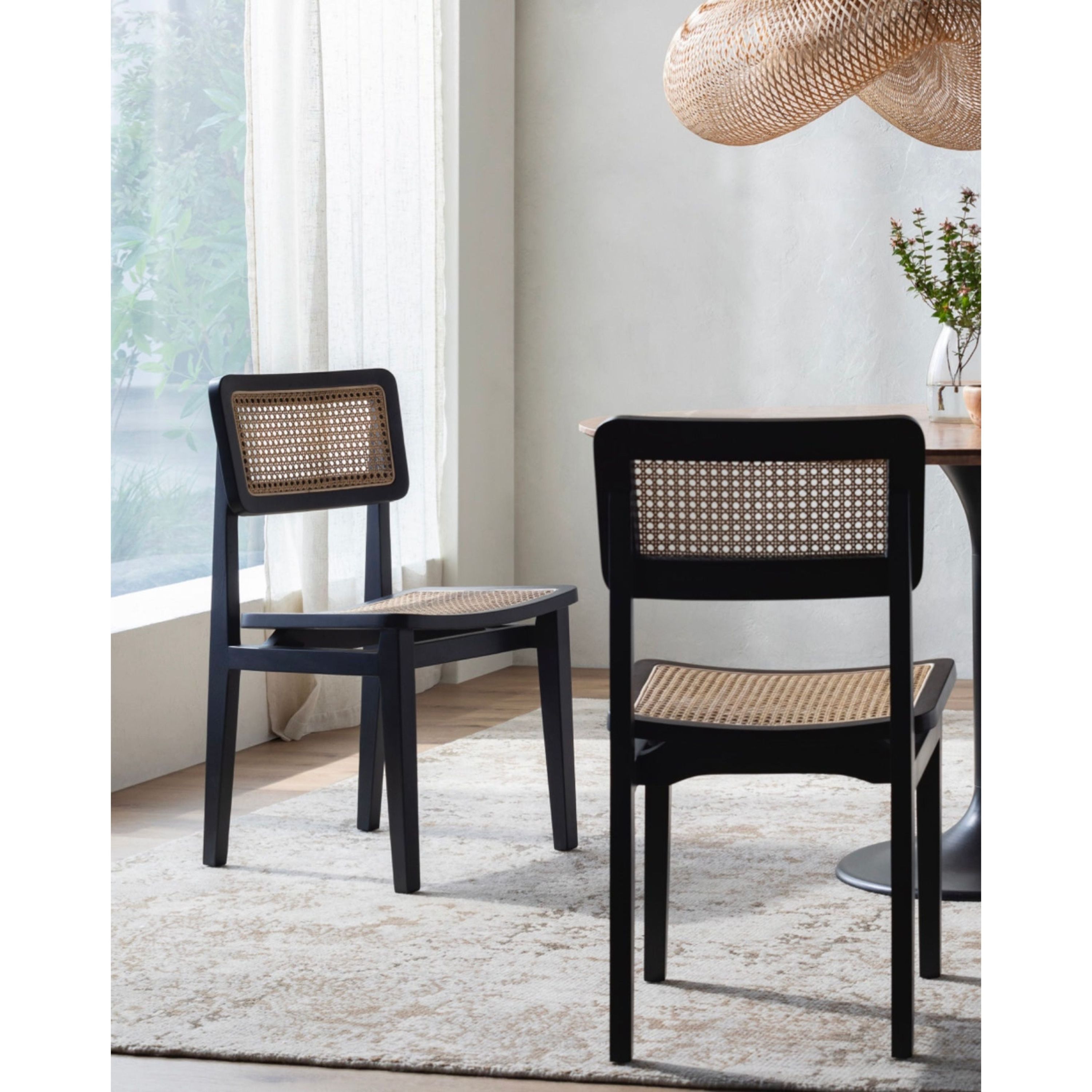 Surya Arxan Modern Rattan Wheat Back Set of 2 Black Wood Dining Chairs - Image 2