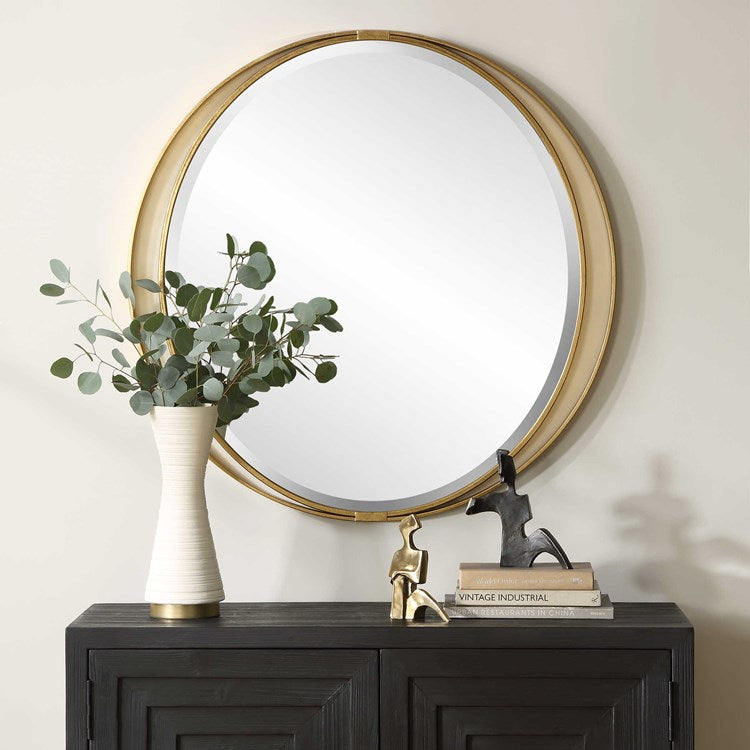 Uttermost Rhodes Antiqued Metallic Gold Leaf Round Mirror - Image 1