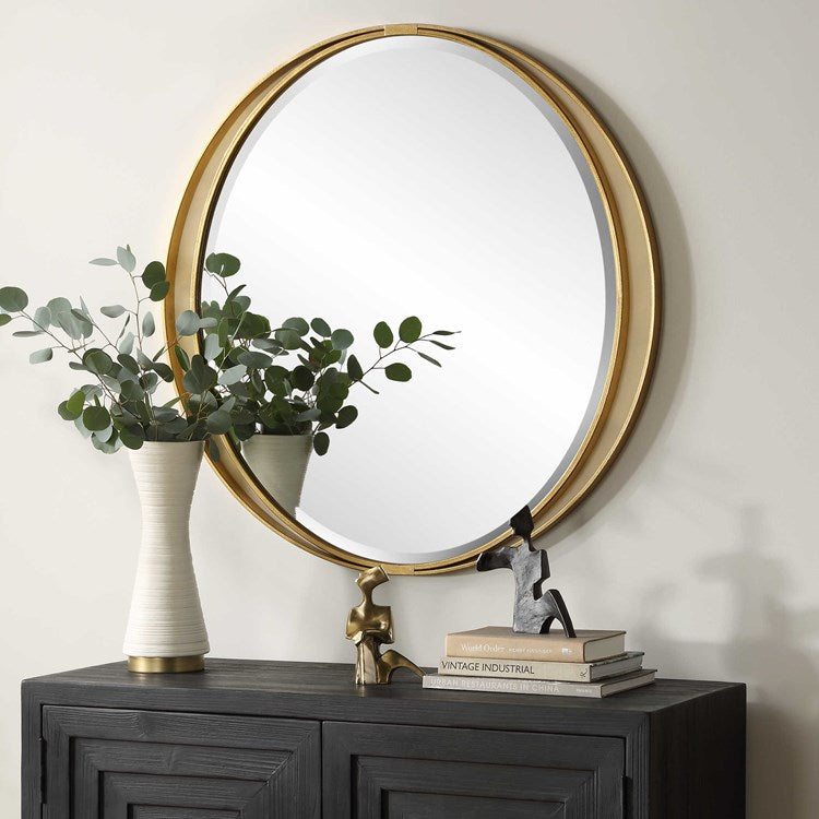 Uttermost Rhodes Antiqued Metallic Gold Leaf Round Mirror - Image 3