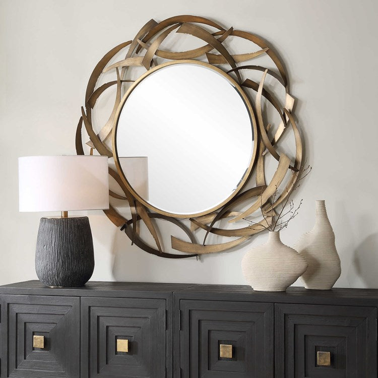 Uttermost Cutting Edge Antiqued Golden Bronze Round Mirror - Image 1